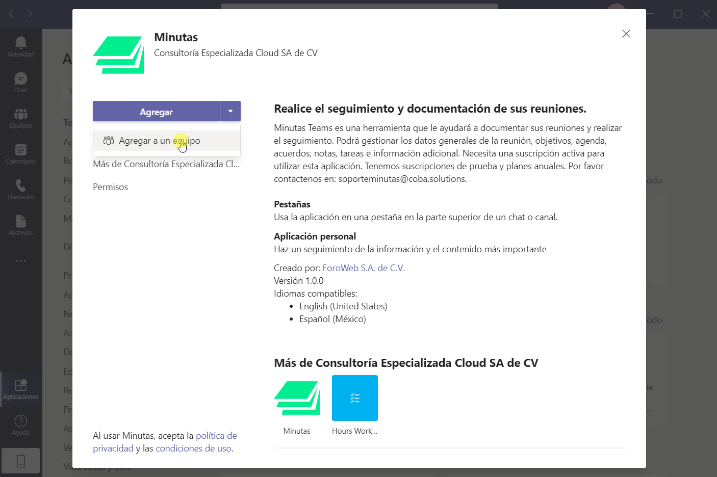 Instalar Minutas Teams para un equipo