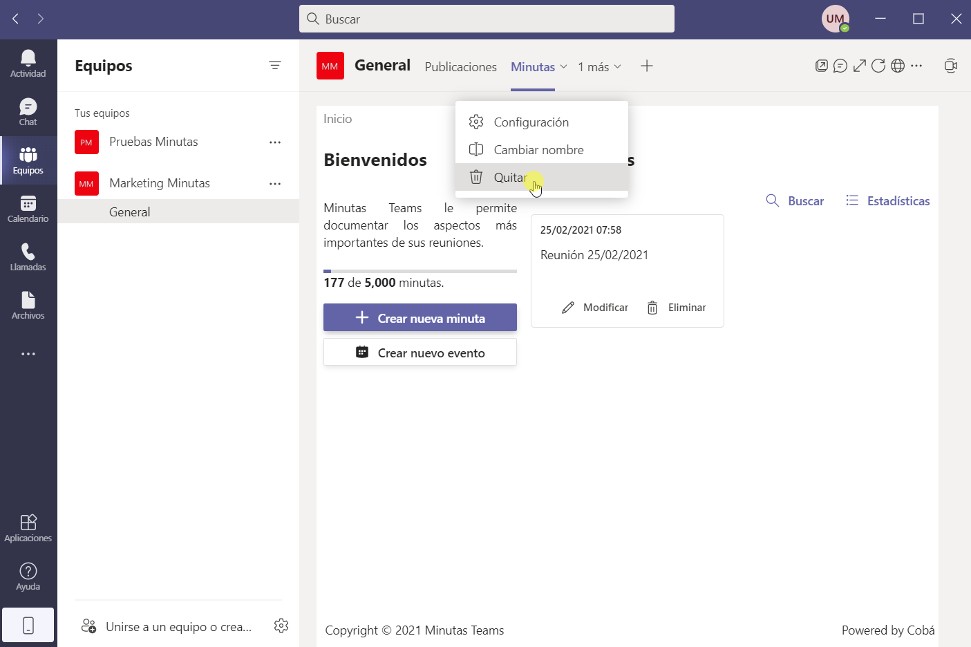 Desinstalar Minutas Teams de un equipo